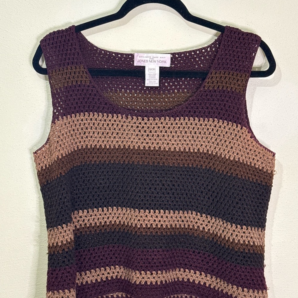 Jones New York Linen Crocheted Stripe Tank - Plum, Brown & Black